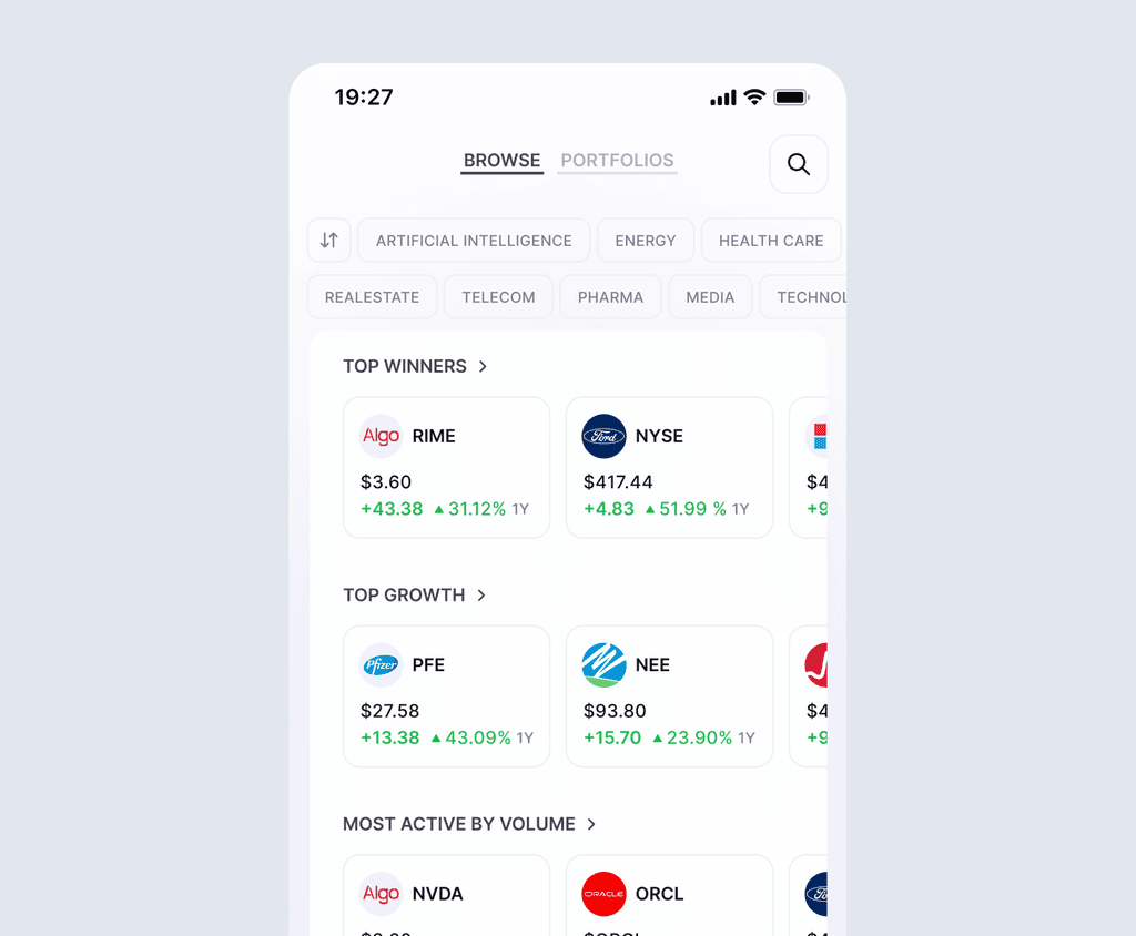 A browse-stocks screen with sector filters and lists of top winners, top growth and most active stocks by volume, each with price and one-year change.