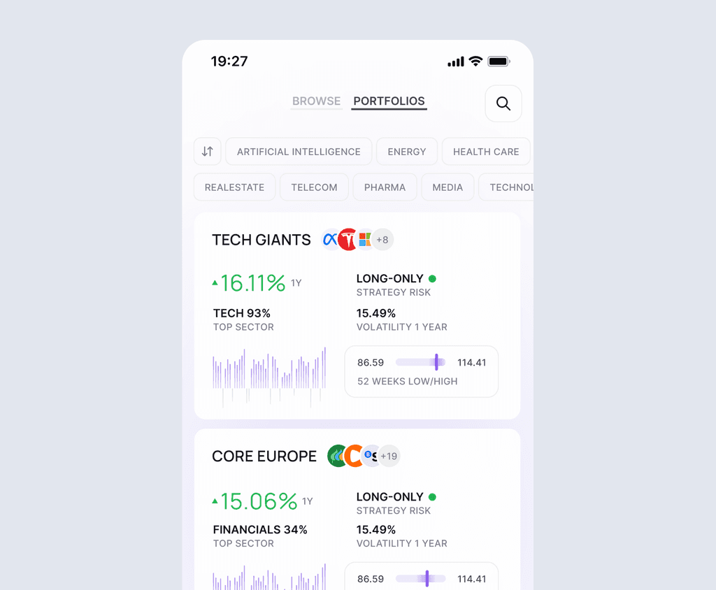 Portfolios list — managed funds such as Tech Giants and Core Europe, each with 1-year return, strategy risk, top sector and volatility.