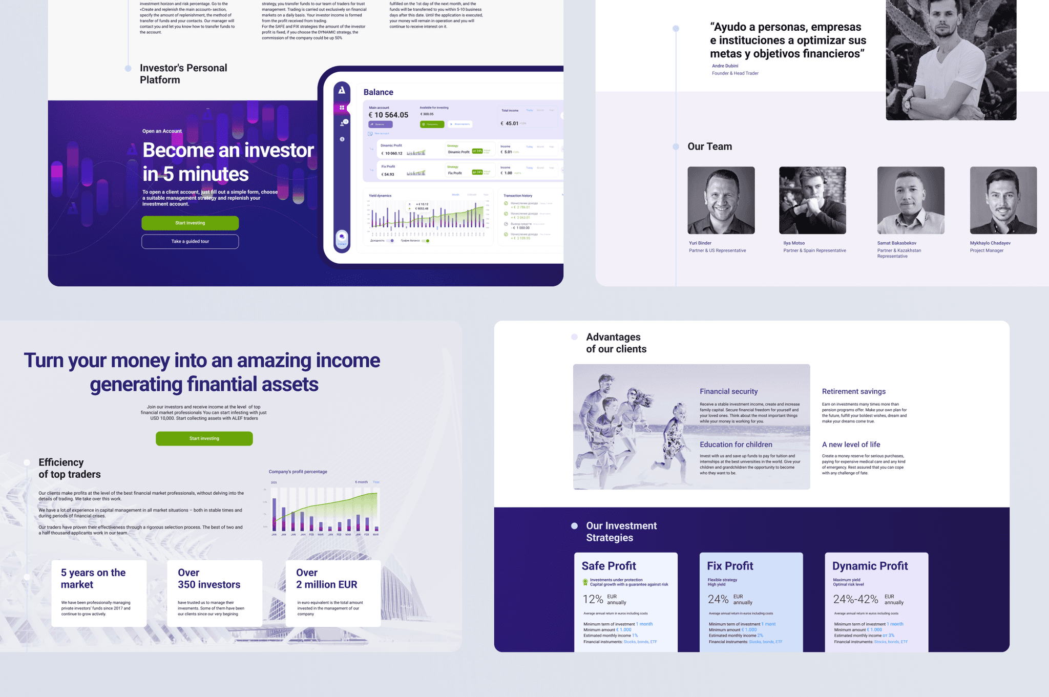 ALEF Traders web platform: 'Become an investor in 5 minutes' landing, a client testimonial, the team, headline stats (5 years on the market, 350+ investors, €2M+), and the three investment strategies.