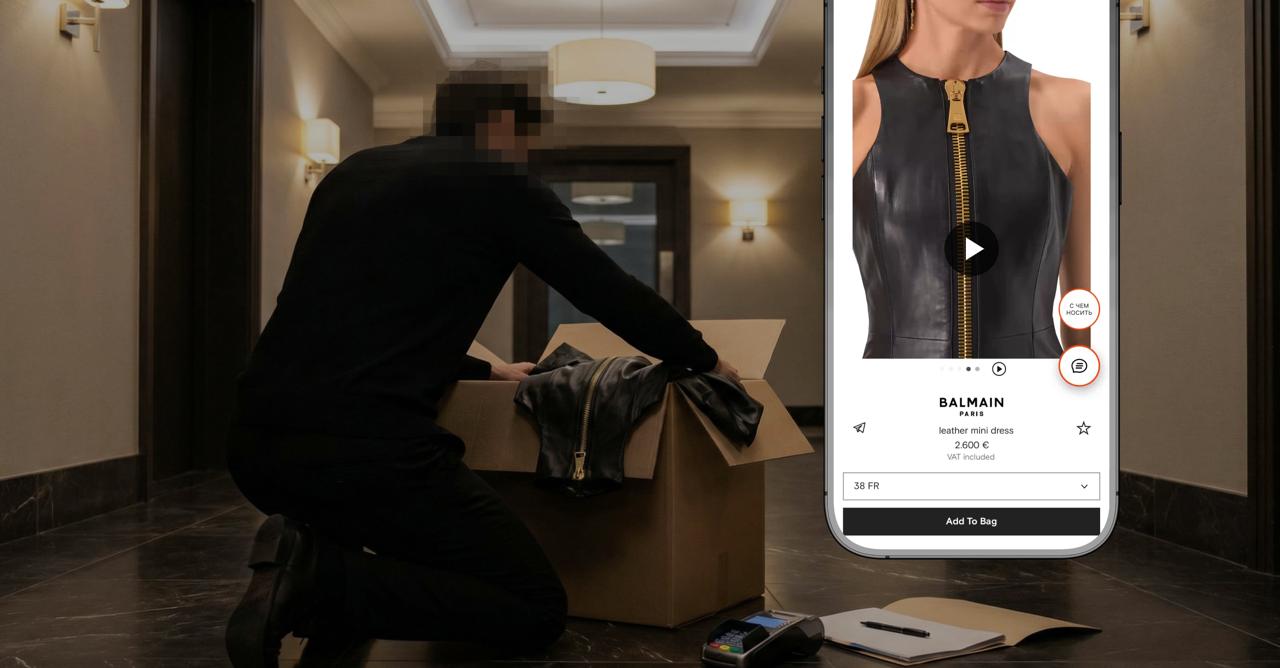 A courier folding a luxury Balmain dress into a delivery box in a marble hallway.